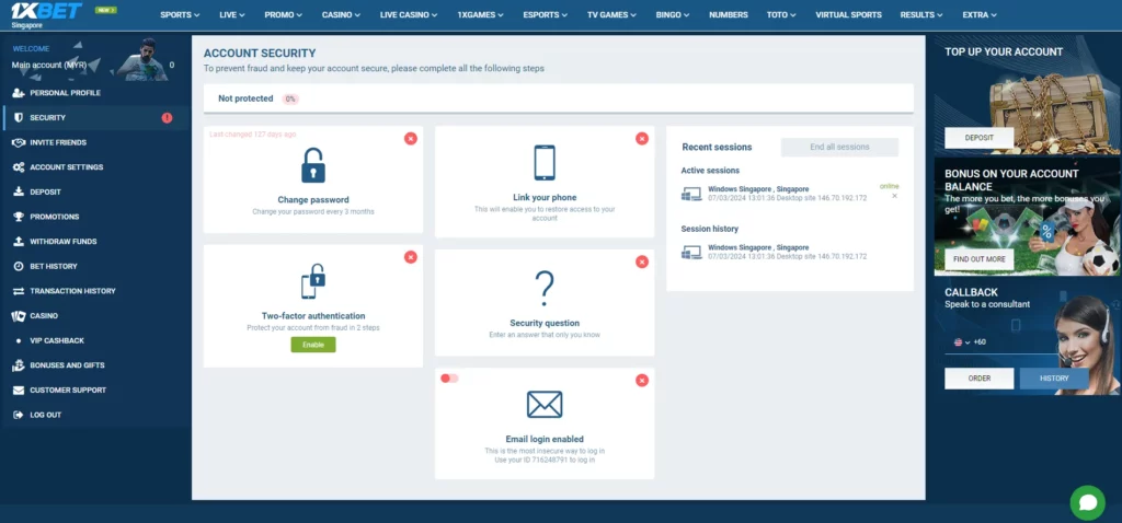 Keselamatan akaun di 1xBet Malaysia