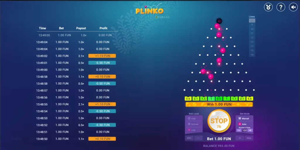 马来西亚 1xBet 赌场的 Plinko 即时游戏